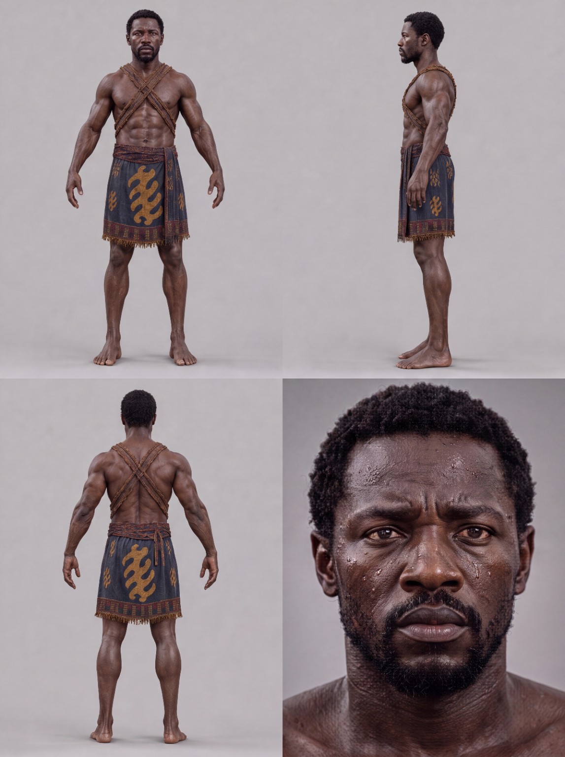 Kofi character reference sheet showing front, side and rear full-body views with a facial close-up